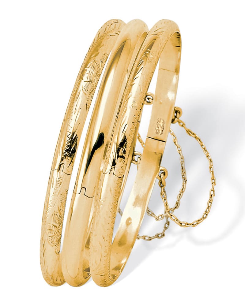 Front of a size 7 in 18k Gold-plated Silver 3-Piece Set of Etched and Polished Bangle Bracelets in Yellow by PalmBeach Jewelry. | dia_product_style_image_id:286076